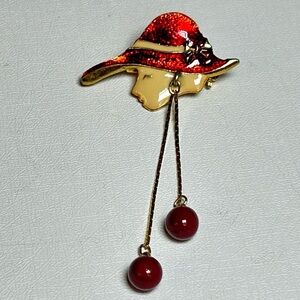Vintage Enameled Ladies Red Hat Society Brooch with Dangling Beads 90’s Pin